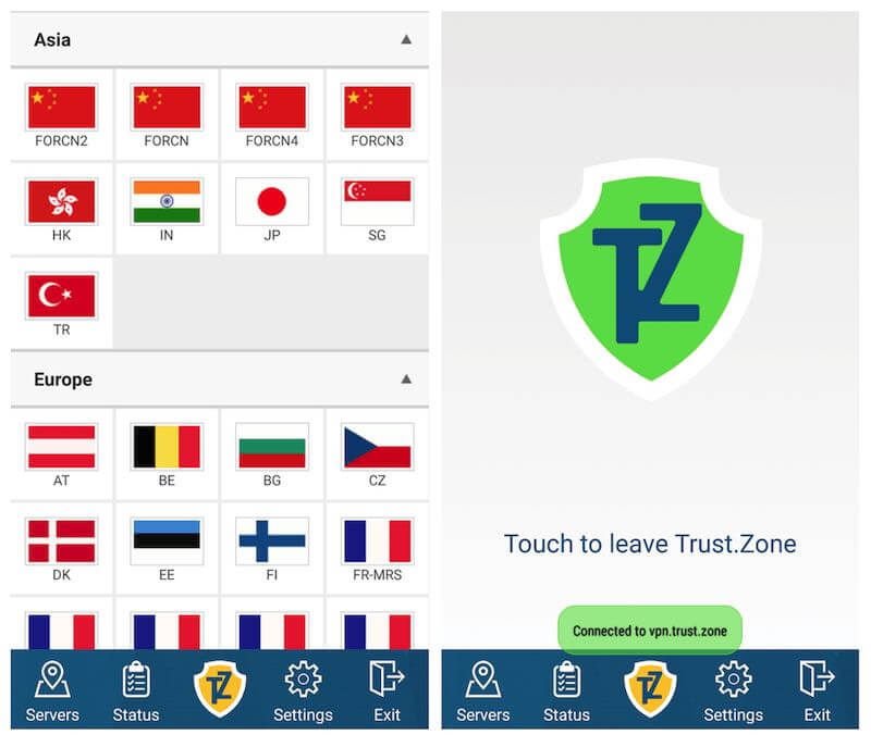trust.zone adnroid vpn app screens