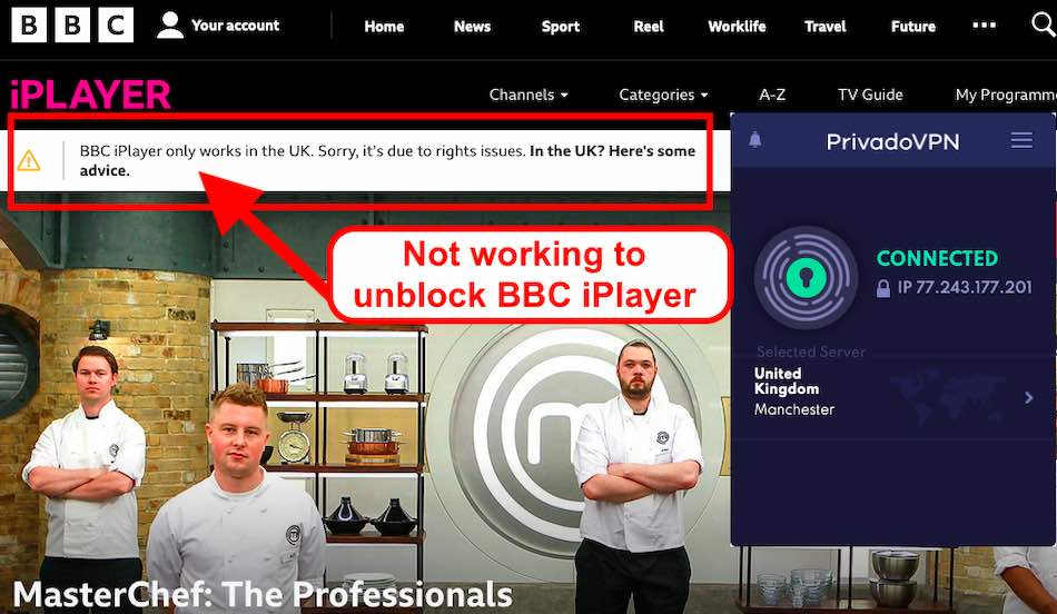 PrivadoVPN does not work with BBC iPlayer