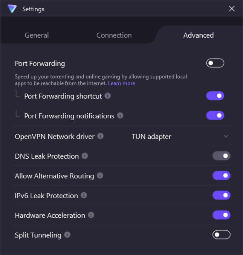 proton vpn andvanced settings