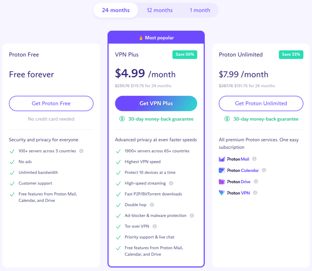 Compare Proton VPN Free and paid plans